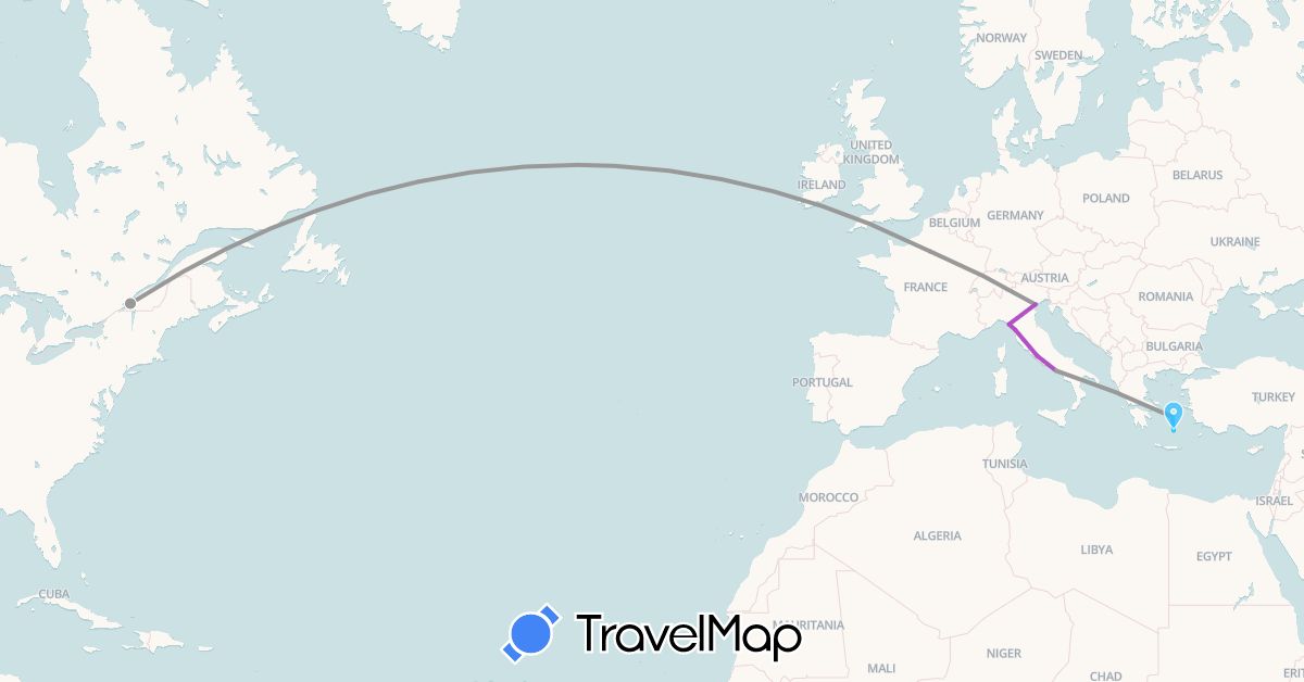 TravelMap itinerary: driving, plane, train, boat in Canada, France, Greece, Italy (Europe, North America)